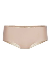 Beige hipster ondergoed met een gladde textuur, kantaccenten op de tailleband en een naadloos ontwerp voor comfort en pasvorm.