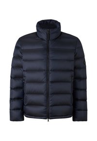 Tmavě modrá prošívaná bunda s vodorovným prošitím, vysokým límcem, předním zipem a zipovými bočními kapsami, zobrazena na bílém pozadí.