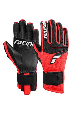 Black and red goalkeeper gloves with textured palm, mesh back, and a Velcro strap. Contains branding in white on the wrist and fingers.