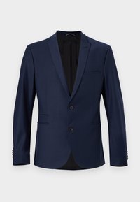 Marineblå blazer med ensidig design, spiss revers, to frontlommer og knappelukking. Glatt stoff med minimal tekstur.