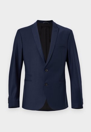 Navy blue blazer with a single-breasted design, notch lapels, two front pockets, and button closures. Smooth fabric with minimal texture.