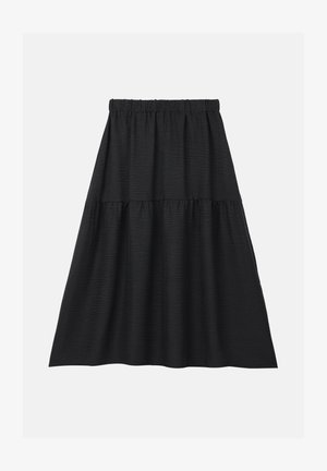 Sort lagkørtel lavet af tekstureret stof, med elastisk talje og en flydende silhuet. Ingen synlige mønstre eller accenter.