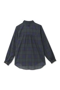 Green and navy plaid long-sleeve shirt with a pointed collar, buttoned cuffs, and back pleat detail. Soft, lightweight fabric.