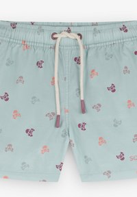 Lichtblauwe zwemshorts met herhaalde patronen van schedels en gekruiste botten in paars, roze en oranje. Voorzien van een trekkoord in de taille en zachte stof.