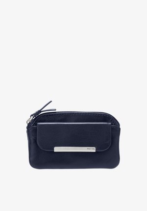 Navy leather pouch with a zip closure, front pocket, and silver metal accent. Smooth texture with a slightly rounded shape.
