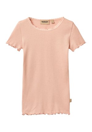 Jasnoróżowa prążkowana koszulka z krótkim rękawem, z falowanymi krawędziami i okrągłym dekoltem. Posiada tkawaną metkę po boku.