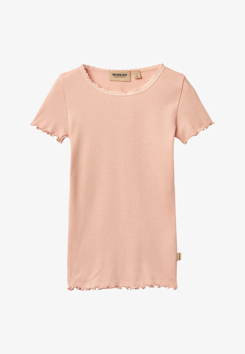 T-shirt rose clair côtelé à manches courtes, avec bords festonnés et encolure ronde. Dispose d'une étiquette tissée sur le côté.