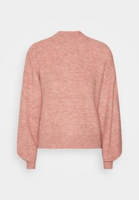 Rosa, ribbad stickad tröja med hög hals, sänkta axlar och långa ärmar. Har en avslappnad passform och mjuk textur.