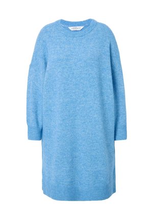 Robe pull oversized bleu clair en tissu doux et texturé, avec un col rond et de longues manches à poignets et ourlet côtelés.