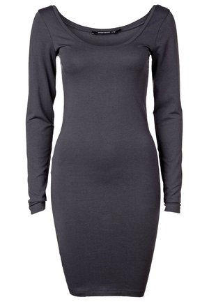 Długo rękawowa, dopasowana sukienka w ciemnoszarym kolorze, wykonana z gładkiego materiału, z dekoltem w serek i długością do kolan. Bez wzorów ani zdobień.