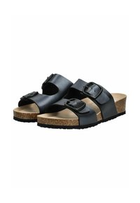 Sandali in pelle nera con due cinturini regolabili, soletta in sughero e suola in gomma testurizzata; design open-toe e dettagli minimalisti con fibbie.