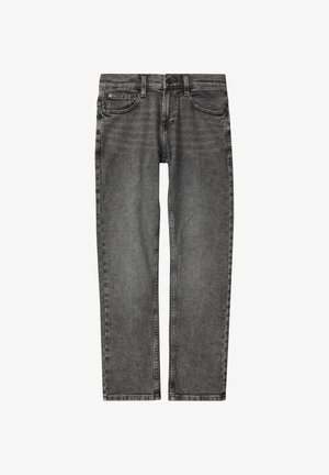 Harmaat farkut, joissa on suora lahje, viisi taskua ja kontrastiväriset ompeleet. Varustettu vetoketjulla ja nappisuljennalla.