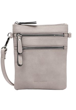 Graue Leder-Crossbody-Tasche mit strukturiertem Finish. Verfügt über mehrere mit Reißverschluss gesicherte Fächer, einen abnehmbaren Tragegurt und ein minimalistisches Design.