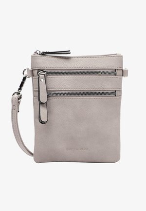 Graue Leder-Crossbody-Tasche mit strukturiertem Finish. Verfügt über mehrere mit Reißverschluss gesicherte Fächer, einen abnehmbaren Tragegurt und ein minimalistisches Design.