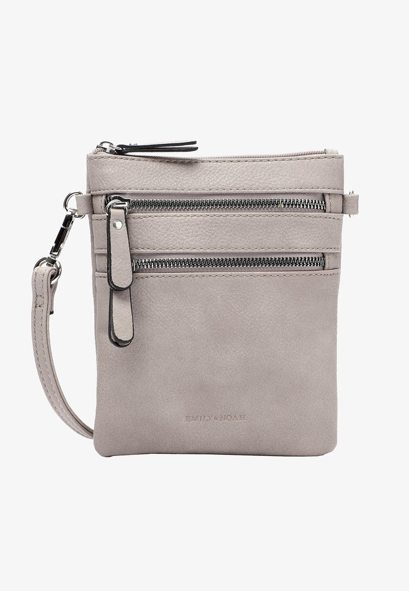 Borsa a tracolla in pelle grigia con finitura testurizzata. Presenta multiple tasche con zip, una tracolla staccabile e un design minimalista.