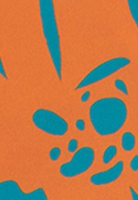 Design astratto con uno sfondo arancione e forme organiche e punti turchesi che creano un motivo. Il materiale appare piatto e textures.