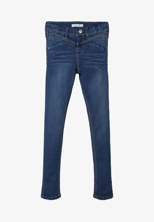Dunkelblaue Kinder-Skinny-Jeans mit Front- und Gesäßtaschen, Gürtelschlaufen und Knopfverschluss in der Taille.