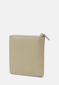 Leather wallet in light beige with a textured finish, featuring a zipper closure and minimalistic design. Square shape with subtle stitching details.