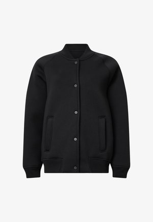 Sort sweatshirt-jakke med ribbet krave, frontknaplukning og to sidelommer. Stofmet er glat med en let børstet tekstur.