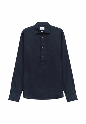 Donkerblauwe langemouwen shirt van linnen, met een button-down kraag, een knoopsluiting en een relaxte pasvorm.