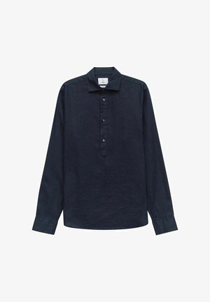 Donkerblauwe langemouwen shirt van linnen, met een button-down kraag, een knoopsluiting en een relaxte pasvorm.