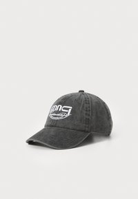 Black denim baseball cap with embroidered white text and logo. Curved brim, adjustable strap, and soft, textured fabric.