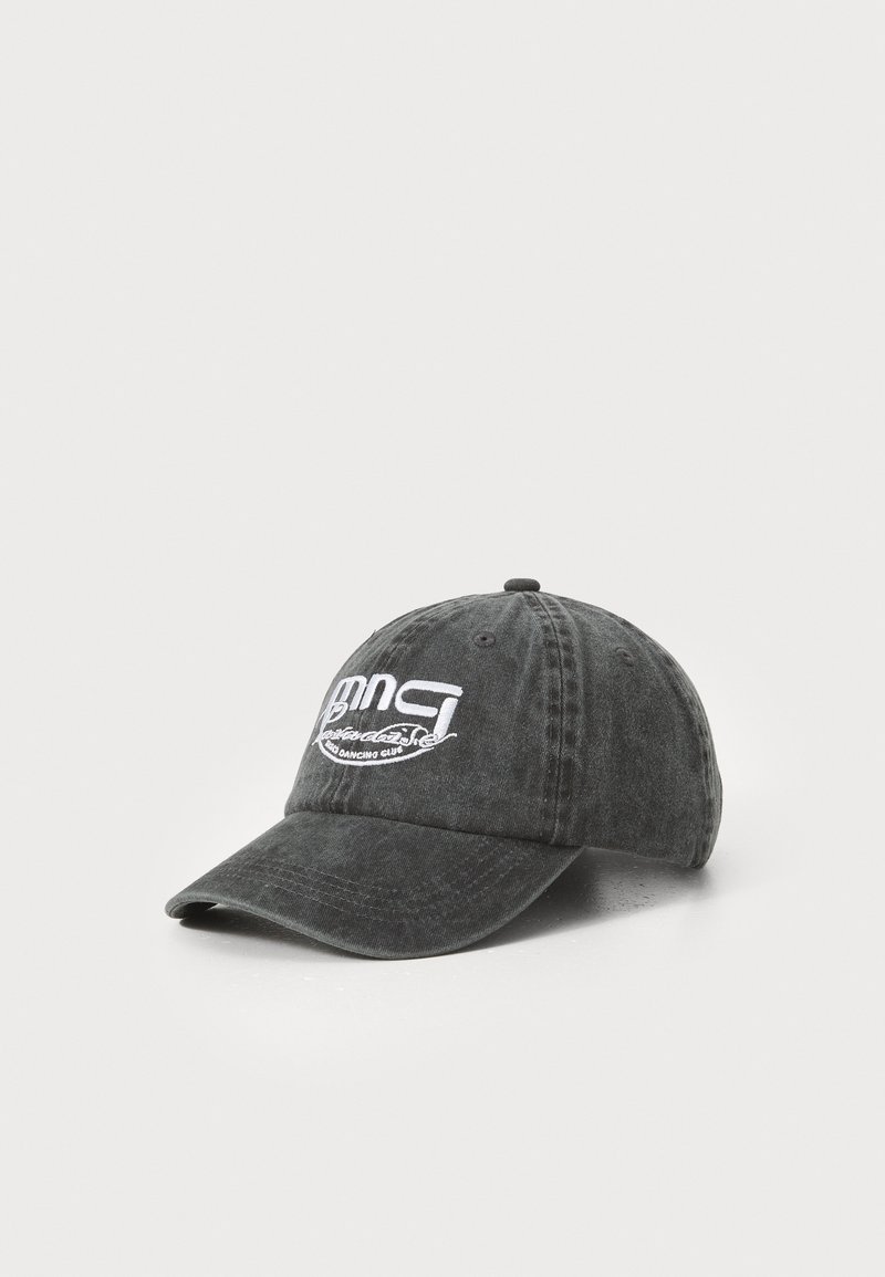 Black denim baseball cap with embroidered white text and logo. Curved brim, adjustable strap, and soft, textured fabric.