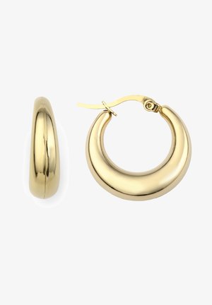 Złote kolczyki w kształcie obręczy o polerowanej powierzchni, posiadające zaokrąglony kształt i zapięcie na zatrzask. Elegancka, gładka faktura o błyszczącym wyglądzie.