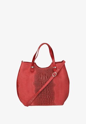 Rode leren tote bag met een gebogen krokodillenpatroon aan de voorkant. Beschikt over dubbele handvatten en een afneembare schouderband.