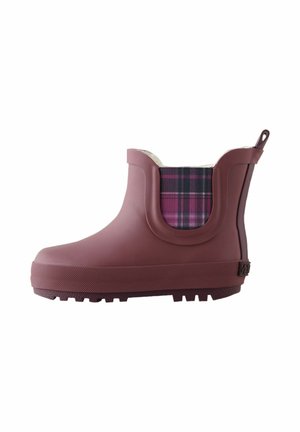 Short maroon rubber ankle rain boot with purple plaid elastic side panel and textured sole.