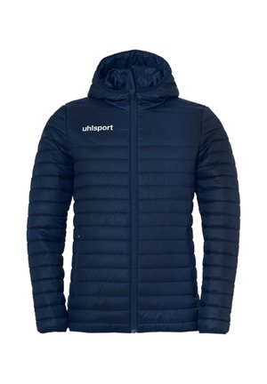 Marineblauwe doorgestikte jas met capuchon, ritssluiting aan de voorkant, zijzakken en wit "uhlsport" logo op de linkerborst bovenaan.
