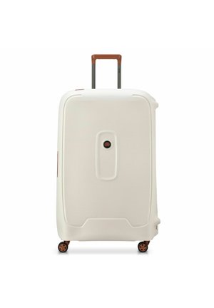 Hard-shell white suitcase with a textured surface, brown telescopic handle, and four black wheels, featuring a circular lock mechanism.