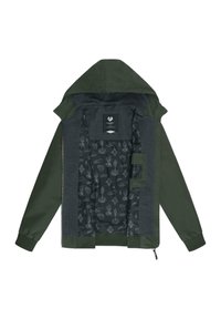 Groene capuchonjack met een rits, voorzien van een donkergrijze gemusterde voering, elastische boorden en een borstzak aan de binnenkant.