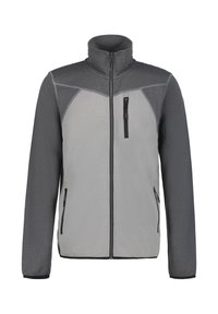 Grijs en lichtgrijs zip-up jack met een hoge kraag, textuurstof, twee zijzakken en een borstzak met rits.