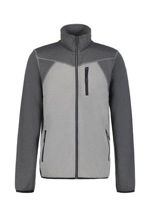 Harmaa ja vaaleanharmaa vetoketjullinen takki, jossa on korkea kaulus, teksturoitu kangas, kaksi sivutaskua ja rintatasku vetoketjulla.