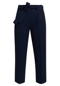 Pantalon bleu marine en tissu tissé, avec une taille à nouer, deux poches latérales et une coupe droite.