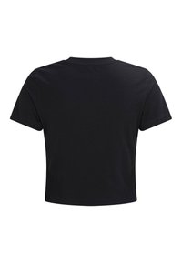 Black cropped t-shirt made from soft, lightweight cotton. Features short sleeves and a simple round neckline, with a smooth texture.