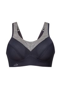 Sportbeha van donker marineblauw mesh-materiaal, met een grijze V-vormige accent, verstelbare bandjes en een subtiel logo op de linksonder.