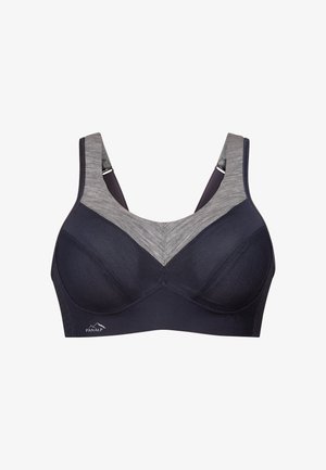 Reggiseno sportivo in rete di un blu navy scuro, dettagli grigi a forma di V, spalline regolabili e logo discreto in basso a sinistra.