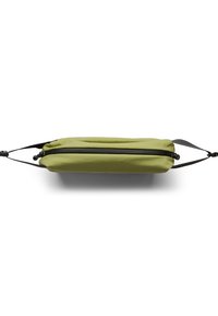 Grünes Stofftäschchen mit Reißverschluss, flachem rechteckigem Design und verstellbaren Gurten an den Seiten für vielseitiges Tragen.