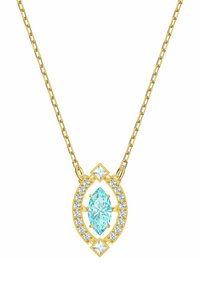 Goldene Halskette mit einer zentralen Marquise-förmigen aquamarinfarbenen Edelstein, umgeben von runden und quadratischen klaren Kristallen. Elegantes geschwungenes Design.