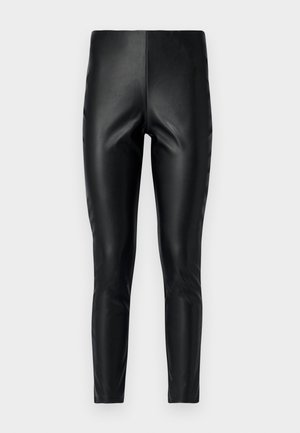 Leggings de imitación cuero negro con una textura suave, cintura alta y diseño ajustado. Sin hardware visible ni patrones. Adecuados para diversos estilos.