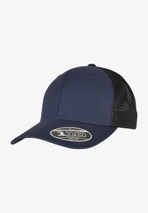 Navy blue baseball cap with a structured front, mesh back, and a curved brim. Features a tag with "Flexfit Tech 110" branding.