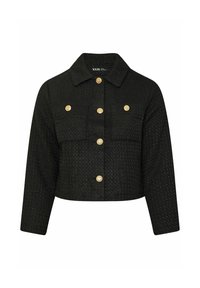 Beskarvad svart jacka med en texturerad tyg, som har en krage, två framfickor och gulddetaljer för knäppning och accent.