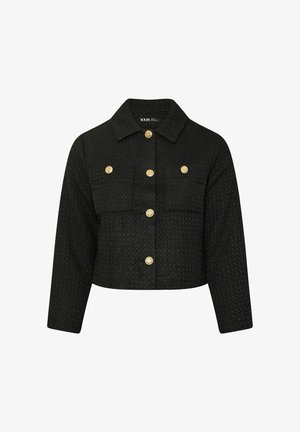 Kurze schwarze Jacke aus strukturiertem Stoff, mit Kragen, zwei Vorderaschen und goldenen Knöpfen für den Verschluss und Akzente.