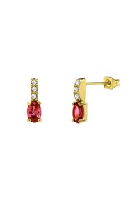 Gouden oorbellen met ovale roze stenen, verfraaid met heldere kristallen in een verticaal staafontwerp. Voorzien van een hanger voor een veilige draagervaring.