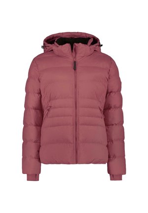 Roze pufferjack met een rits aan de voorkant, een capuchon en geribbelde manchetten. Het jasje heeft een gewatteerd ontwerp met een licht glanzende afwerking en zijzakken.