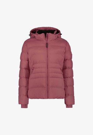 Roze pufferjack met een rits aan de voorkant, een capuchon en geribbelde manchetten. Het jasje heeft een gewatteerd ontwerp met een licht glanzende afwerking en zijzakken.