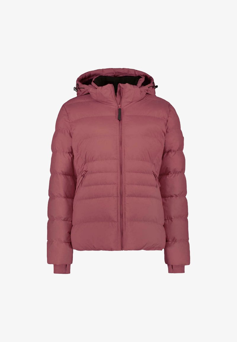 Roze pufferjack met een rits aan de voorkant, een capuchon en geribbelde manchetten. Het jasje heeft een gewatteerd ontwerp met een licht glanzende afwerking en zijzakken.