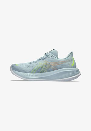 Light blue running shoe with mesh upper, featuring yellow and orange accents, a curved white sole, and textured detailing for grip.